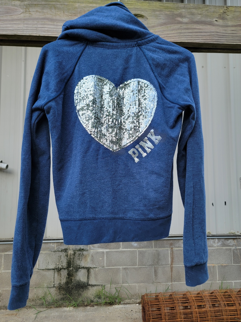 PINK Victoria's Secret Sequin Heart Zip Up Hooded Jacket Medium